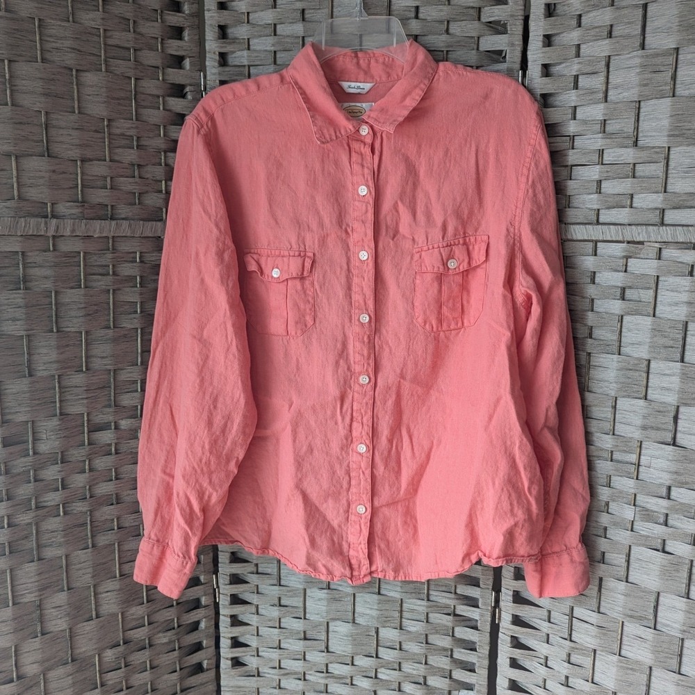 Talbots Button Up‎ Shirt Coral Irish Linen Long Sleeve Sz XL Quiet Luxury Preppy